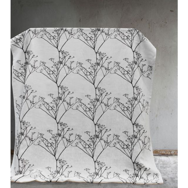 Cicely Black - White linen fabric, black botanical print