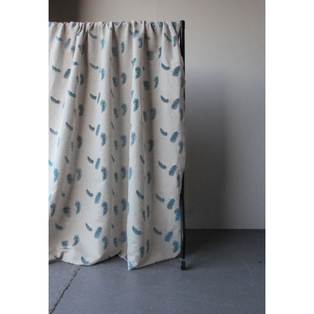 Feathers Blue Stone - Blue feathers print on Linen Cotton fabric, repeat