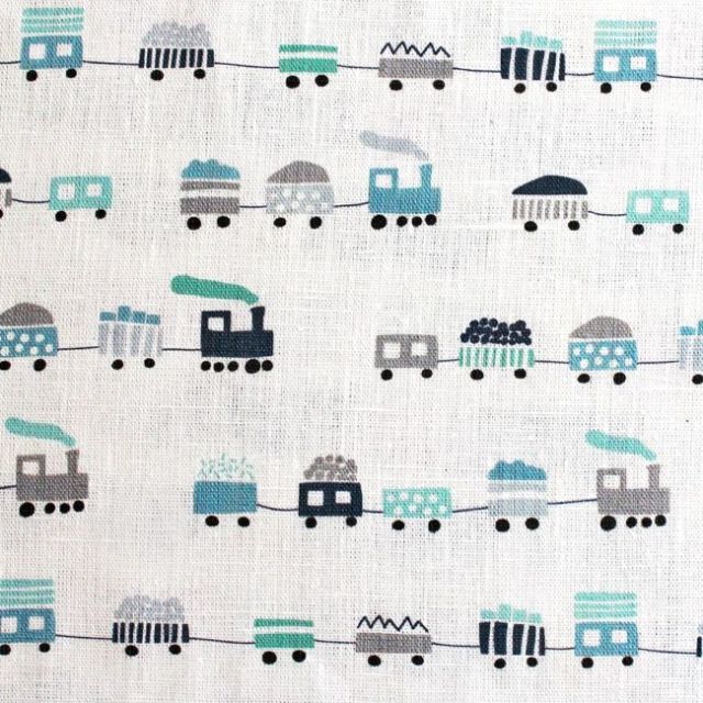 Bruno Sky-WHT - Linen fabric, Blue train pattern - Kids print