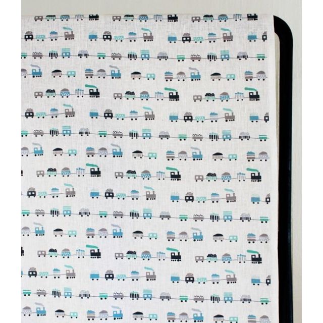 Bruno Sky-WHT - Linen fabric, Blue train pattern - Kids print