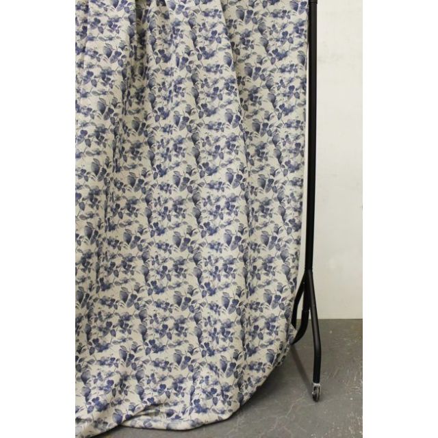 Camila Night Blue - Natural Linen Fabric with Blue botanical print