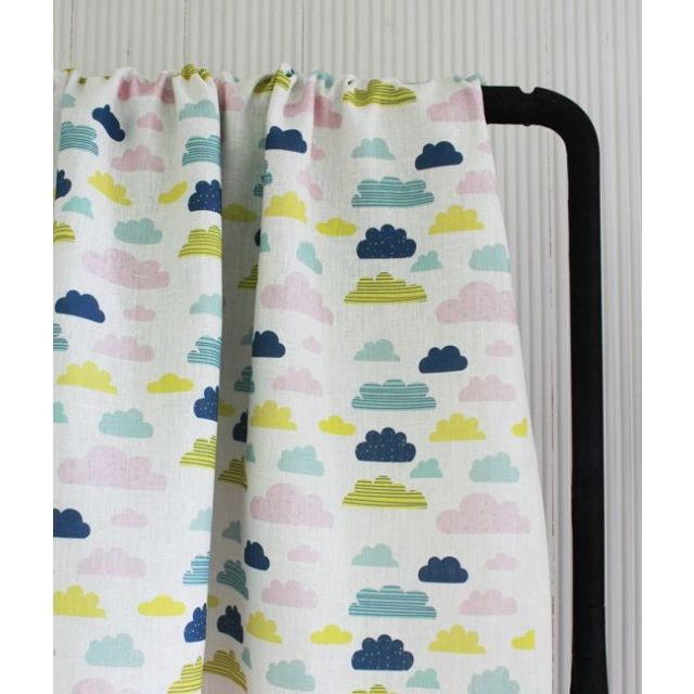 Cloud Dreams Circus - White Linen fabric, colourful cloud pattern - Kids print!