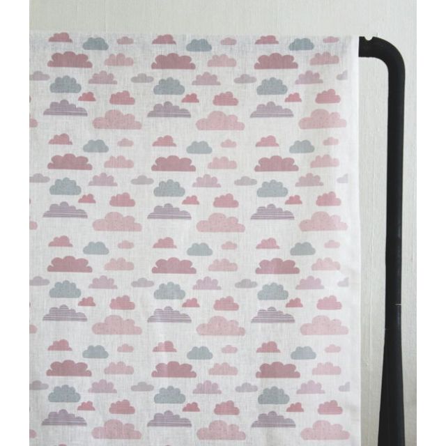 Cloud Dreams Pink - White Linen fabric, Pink cloud pattern - Kids print!