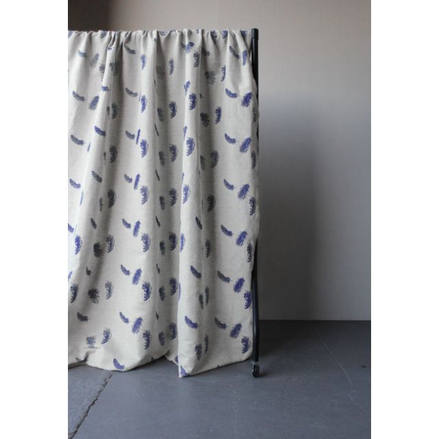 Feathers Deep Blue - Blue feathers print on Linen Cotton fabric