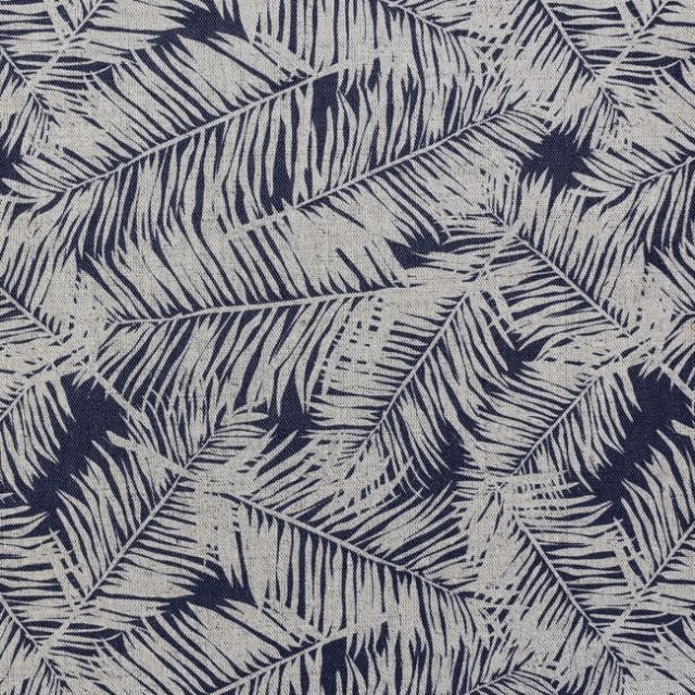 Gabi Deep Blue - Curtain fabric, Dark Blue botanical leaf pattern