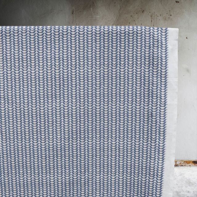 Hilda Denim - White curtain fabric printed with Blue and Grey