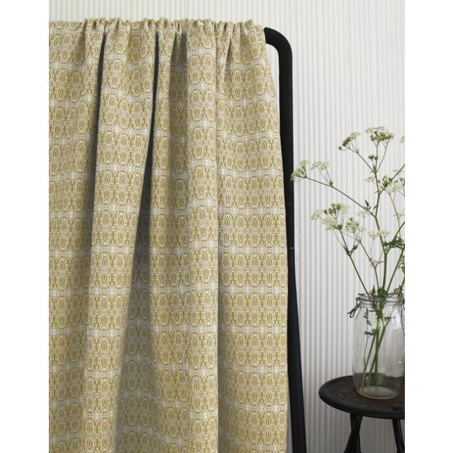 Kjersti Dijon - White linen fabric, Yellow abstract print