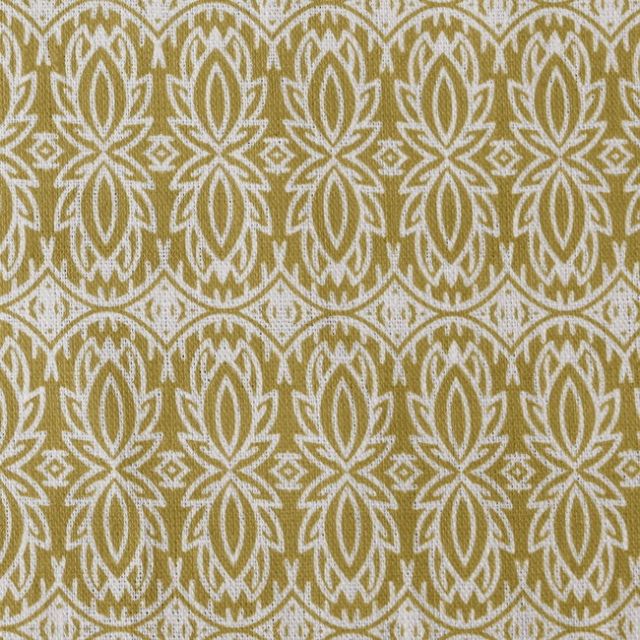 Kjersti Dijon - White linen fabric, Yellow abstract print