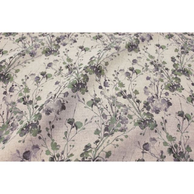 FlowerBliss Olive - Natural Linen Fabric with green and grey floral print