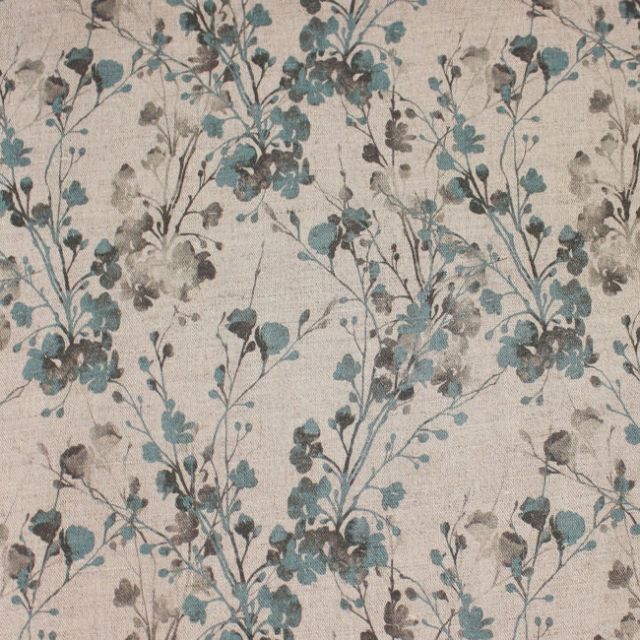FlowerBliss Sky - Natural Linen Fabric with blue and grey floral print