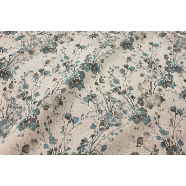 FlowerBliss Sky - Natural Linen Fabric with blue and grey floral print