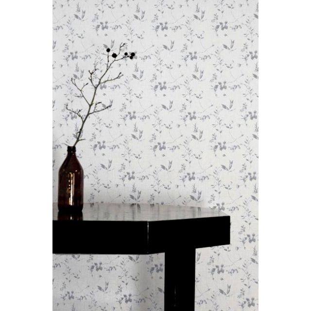 Flora Greige-WHT - White linen fabric with Grey botanical print