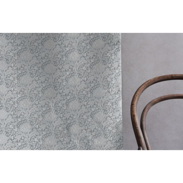 Katarina Greige - White linen fabric with Grey floral print