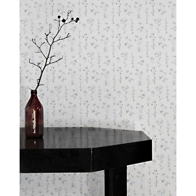 Madelin Greige-WHT - White linen fabric with Grey botanical print