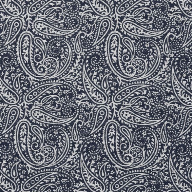 Gigi Ink - White fabric with dark Blue paisley print, 100% Linen