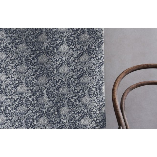 Katarina Ink - White linen fabric with Dark Blue floral print