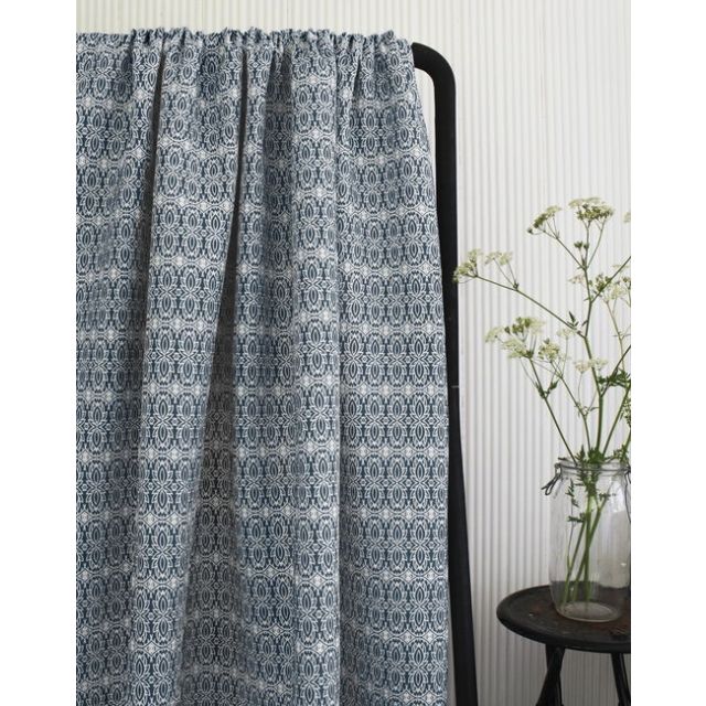 Kjersti Ink - White linen fabric, Dark Blue abstract print