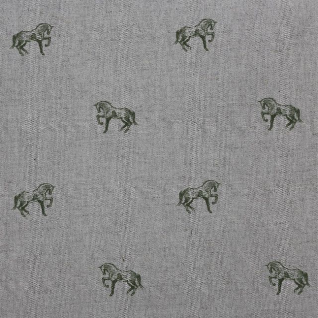 Horse Khaki - Curtain fabric with green pattern of horses