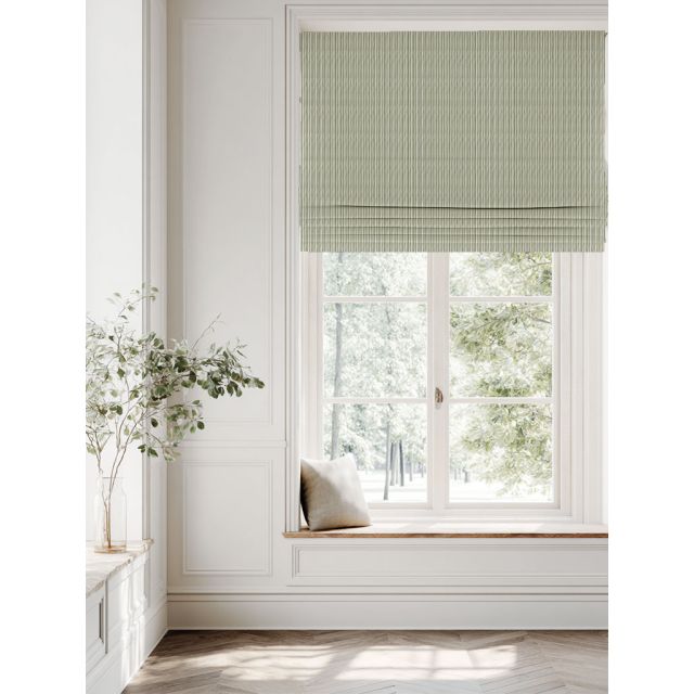 Green Striped Linen Roman blind - Maisa Moss - White base fabric.