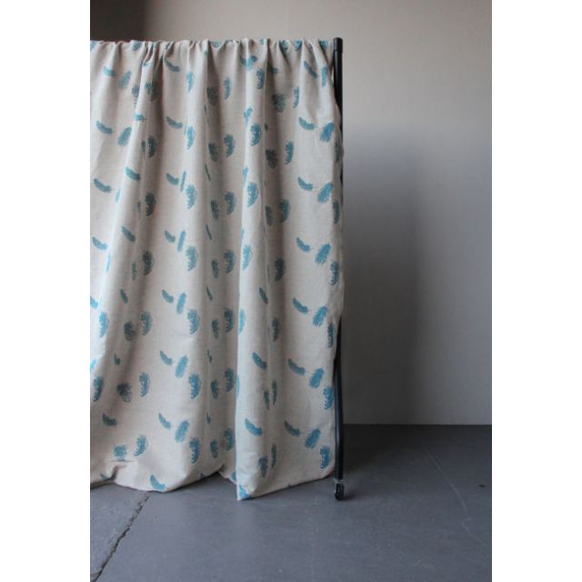 Feathers Marine - Blue feathers print on Linen Cotton fabric