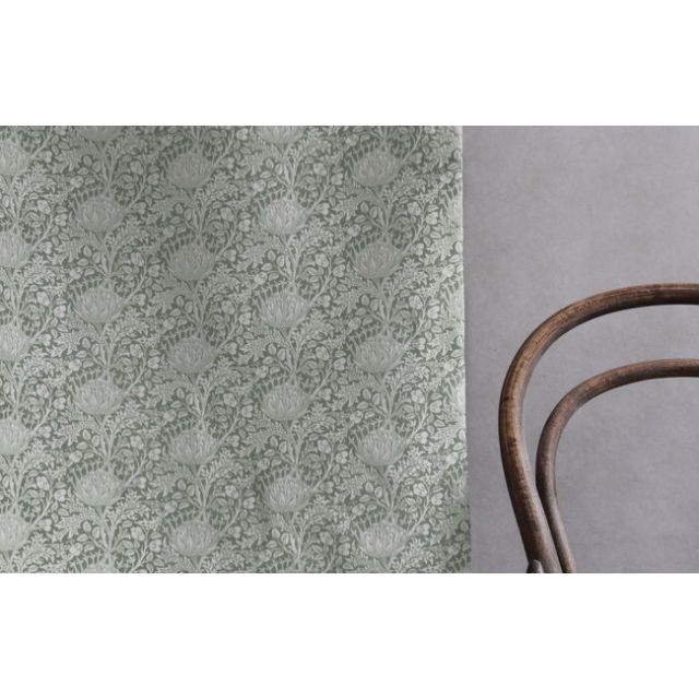 Katarina Meadow - White linen fabric with Green floral print