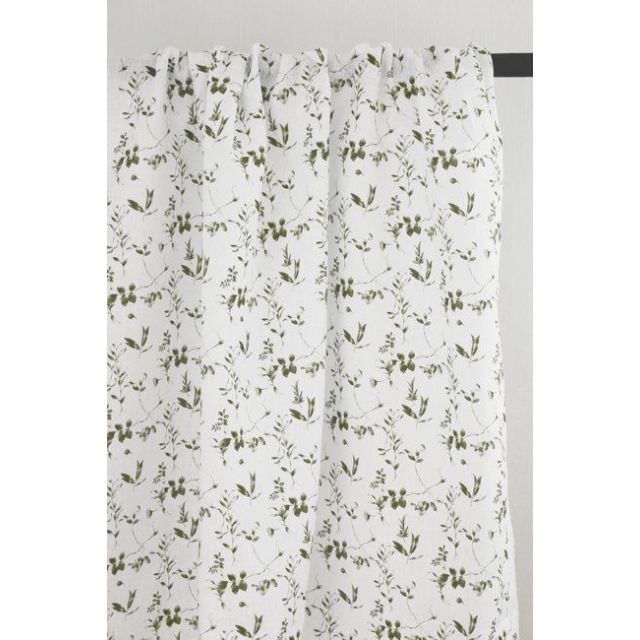 Flora Moss-WHT - White linen fabric with Green botanical print