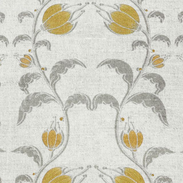 Dana Mustard - Natural fabric with mustard yellow and grey floral pattern