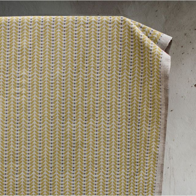 Hulda Mustard - Fabric for curtains, Mustard Yellow and Grey print