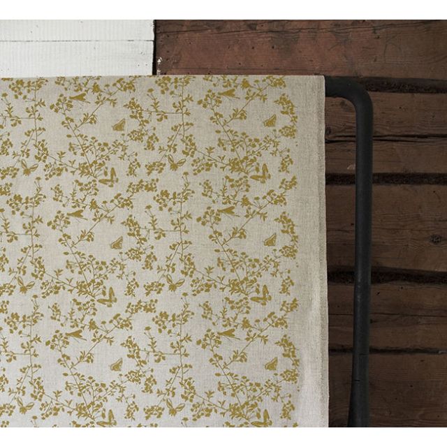 Kamille Mustard - Curtain fabric, Yellow pattern with butterflies