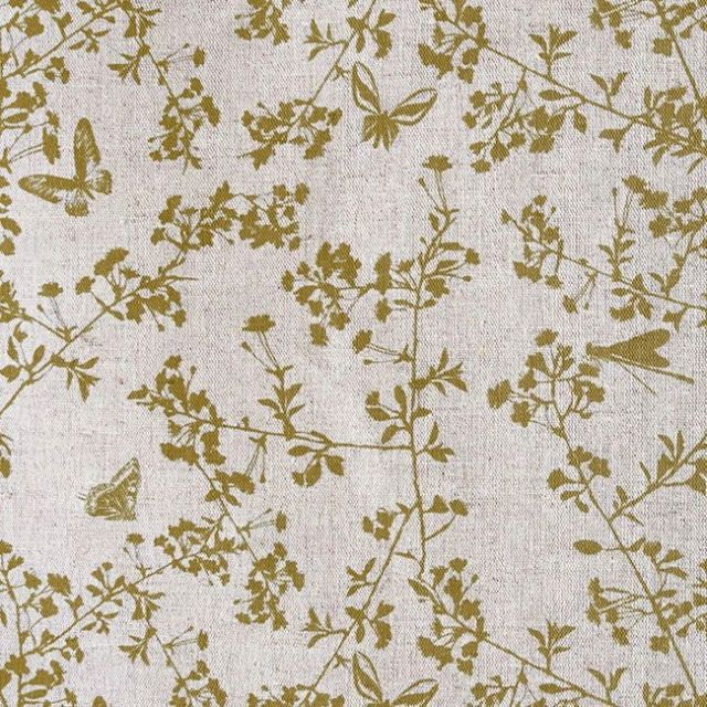 Kamille Mustard - Curtain fabric, Yellow pattern with butterflies
