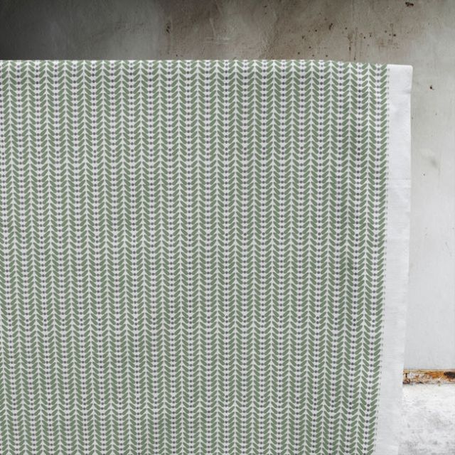 Hilda Olive - White curtain fabric printed with Green and Grey
