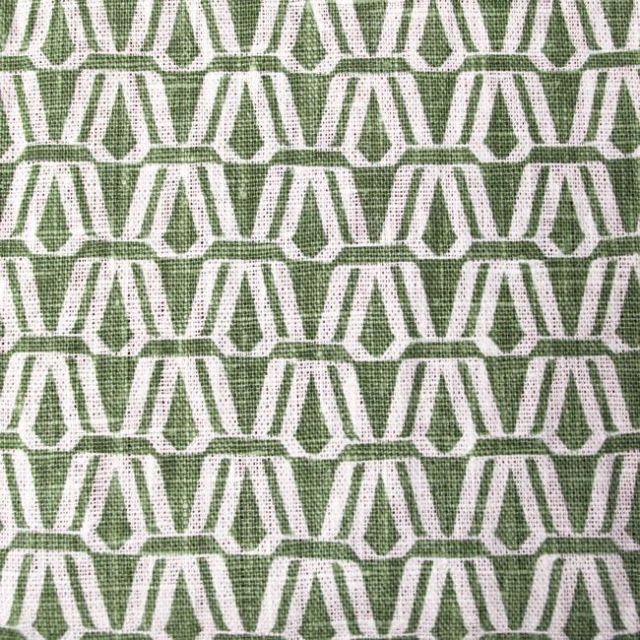 Ilva Olive - White linen fabric, Olive Green contemporary print