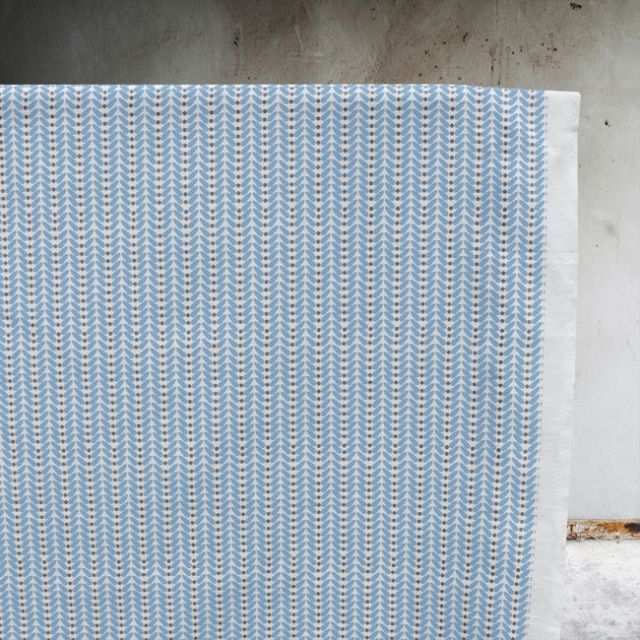 Hilda Sky - White curtain fabric printed with Light Blue and Grey