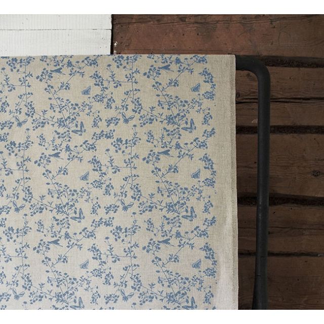 Kamille True Blue - Curtain fabric, Blue pattern with butterflies